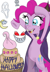 Size: 2409x3436 | Tagged: safe, artist:kosa17, pinkie pie, pony, undead, vampire, vampony, bipedal, cake, halloween, simple background, solo, transparent background