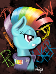 Size: 768x1024 | Tagged: safe, artist:valemjj, derpibooru import, rainbow dash, pegasus, pony, glam rock dash, punk, rainbow, rock, solo