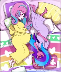 Size: 900x1045 | Tagged: safe, artist:gardianripu, princess flurry heart, oc, oc:melody aurora, equestria girls, adult, bed, belly, big belly, blushing, bonding, cousins, cute, duo, duo female, eyes closed, female, flurrybetes, from above, hand on belly, happy, lying, lying on bed, multiple pregnancy, ocbetes, offspring, older, older flurry heart, parent:flash sentry, parent:twilight sparkle, parents:flashlight, pillow, pregnant, signature, smiling