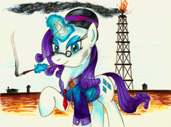 Size: 2500x1863 | Tagged: safe, artist:jamescorck, rarity, pony, unicorn, cigarette, cigarette holder, glasses, industrialist, industry, oil derrick, oil well, smoking, solo