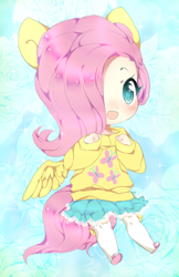 Size: 311x480 | Tagged: safe, artist:cutie-pie-neko, fluttershy, human, chibi, clothes, colored pupils, cute, cutie mark, cutie mark on clothes, eared humanization, hair over one eye, humanized, looking at you, shyabetes, skirt, socks, solo, sweatershy, tailed humanization, winged humanization