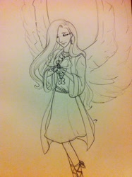 Size: 1024x1371 | Tagged: safe, artist:leakypencilz, fluttershy, seabreeze, breezie, human, humanized, monochrome, winged humanization