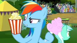 Size: 1920x1080 | Tagged: safe, derpibooru import, screencap, lyra heartstrings, rainbow dash, pegasus, pony, the washouts (episode), cotton candy, dashie hates ripoffs, food, popcorn