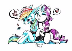 Size: 3706x2669 | Tagged: safe, artist:moonhoek, derpibooru import, rainbow dash, rarity, pegasus, pony, unicorn, blush sticker, blushing, bondage, cross-popping veins, cute, eyes closed, female, lesbian, lipstick, makeup, mare, open mouth, pictogram, raridash, rcf community, rope, shipping, smiling, tied, tied up, traditional art