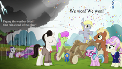 Size: 1280x720 | Tagged: safe, edit, edited screencap, screencap, derpy hooves, meadow song, medallion gold, merry may, rarity, rosetta, pony, unicorn, the cart before the ponies, blue lily, cart, confetti, female, filly, filly derpy, filly rarity, rain, text, younger