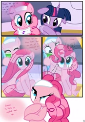 Size: 1741x2500 | Tagged: safe, artist:pyruvate, derpibooru import, aloe, pinkie pie, twilight sparkle, unicorn twilight, earth pony, pony, unicorn, comic:the usual, comic, flashback, spa pony pinkie pie