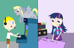 Size: 1024x669 | Tagged: safe, artist:04startycornonline88, derpy hooves, twilight sparkle, human, pegasus, pony, arcade, crossover, equestria girls outfit, game, headphones, humanized, spongebob squarepants