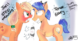 Size: 1280x674 | Tagged: safe, artist:mrscurlystyles, applejack, oc, oc:jananimations, earth pony, pony, happy birthday, jananimations, meowing jan