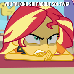 Size: 600x599 | Tagged: safe, edit, edited screencap, screencap, sunset shimmer, better together, equestria girls, rollercoaster of friendship, angry, cropped, implied lesbian, implied scitwishimmer, implied shipping, kubrick stare, solo, vulgar