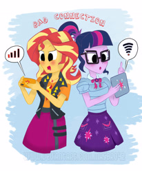 Size: 2096x2544 | Tagged: safe, artist:masbro42, sci-twi, sunset shimmer, twilight sparkle, better together, equestria girls, blushing, cellphone, engrish in the description, phone, smartphone, tablet, wi-fi