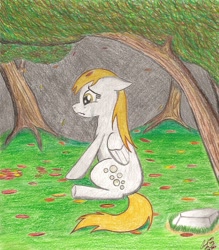 Size: 1627x1860 | Tagged: safe, artist:lennystendhal13, derpy hooves, autumn, crying, forest, leaves, solo, traditional art, tree