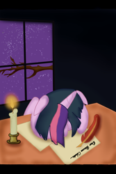 Size: 640x960 | Tagged: safe, artist:bybbrony, derpibooru import, twilight sparkle, dear princess celestia, depression, quill, solo, window