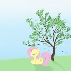 Size: 2000x2000 | Tagged: safe, artist:burnoid096, fluttershy, pegasus, pony, grass, leaves, sky, solo, tree