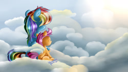 Size: 1920x1080 | Tagged: safe, artist:yuukon, derpibooru import, rainbow dash, scootaloo, pegasus, pony, cloud, cloudy, scootalove