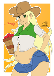 Size: 2480x3508 | Tagged: safe, artist:arrowdark, applejack, equestria girls, applejack's hat, belly, belly button, big belly, clothes, cowboy hat, hat, looking at you, orange background, pregnant, pregnant equestria girls, simple background, text