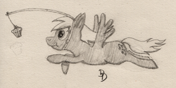 Size: 1600x801 | Tagged: safe, artist:darkdabula, derpy hooves, flying, food, muffin, solo, traditional art