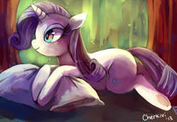 Size: 1280x886 | Tagged: safe, artist:cherivinca, rarity, pony, unicorn, pillow, prone, solo