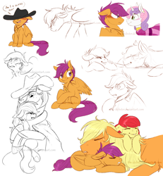 Size: 1200x1300 | Tagged: safe, artist:the-chibster, apple bloom, applejack, scootaloo, sweetie belle, earth pony, pony, crying, cute, daaaaaaaaaaaw, female, hug, hunterjack, lesbian, pile, scootabelle, scootalove, shipping