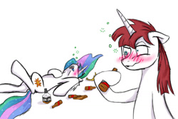 Size: 1500x1000 | Tagged: safe, artist:slamjam, princess celestia, oc, oc:fausticorn, alicorn, pony, alcohol, blushing, drunk, drunk bubbles, passed out, whiskey