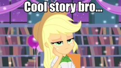 Size: 960x540 | Tagged: safe, applejack, equestria girls, rainbow rocks, cool story bro, image macro, meme, solo