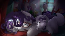 Size: 1920x1079 | Tagged: safe, artist:noben, opalescence, rarity, pony, unicorn, suited for success, art of the dress, clothes, dark, dress, gala dress, glasses, horn, magic, mannequin, ponyquin, scene interpretation, sleeping, working