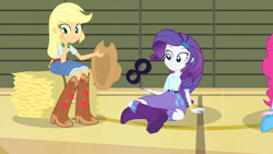 Size: 1440x810 | Tagged: safe, screencap, applejack, pinkie pie, rarity, equestria girls, equestria girls (movie), rainbow rocks, shake your tail, boots, bracelet, clothes, cowboy boots, cowboy hat, hat, hay bale, high heel boots, jewelry, mask, skirt