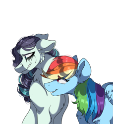 Size: 913x1000 | Tagged: safe, artist:slushshe, derpibooru import, coloratura, rainbow dash, earth pony, pegasus, pony, comforting, crack shipping, crying, female, floppy ears, lesbian, makeup, mare, rara, raradash, running makeup, shipping, simple background, smiling