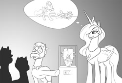 Size: 1001x680 | Tagged: safe, artist:mistermech, princess celestia, princess luna, alicorn, pony, cute, cutelestia, filly, memories, monochrome, sillestia, silly, vase, younger