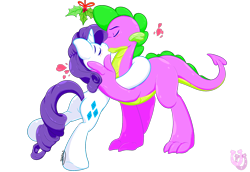 Size: 1580x1087 | Tagged: safe, artist:shadowhulk, rarity, spike, dragon, pony, unicorn, female, holly, holly mistaken for mistletoe, kissing, male, older, older spike, shipping, sparity, straight