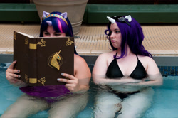 Size: 4288x2848 | Tagged: safe, derpibooru import, rarity, twilight sparkle, human, belly button, bikini, book, clothes, cosplay, irl, irl human, photo, reading, swimming pool, swimsuit