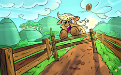 Size: 4000x2497 | Tagged: safe, artist:discorded, applejack, earth pony, pony, action pose, backlighting, epic, fence, jumping, solo