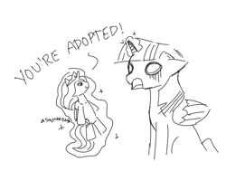 Size: 640x512 | Tagged: safe, artist:artylovr, princess celestia, twilight sparkle, twilight sparkle (alicorn), alicorn, pony, adopted offspring, doll, female, mare, monochrome, no pupils, open mouth, plushie, shocked, sketch, squeeze me celly, toy, you're adopted