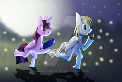 Size: 600x405 | Tagged: safe, artist:ganenetheinkling, derpy hooves, twilight sparkle, twilight sparkle (alicorn), alicorn, book, food, muffin, running, watermark