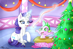 Size: 3000x2000 | Tagged: safe, artist:pillonchou, rarity, spike, dragon, pony, unicorn, christmas, christmas tree, female, male, present, shipping, sparity, straight, tree