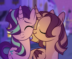 Size: 2333x1911 | Tagged: safe, artist:paradiseskeletons, starlight glimmer, oc, oc:shimmering spectacle, alicorn, pony, unicorn, :t, alicorn oc, canon x oc, curved horn, eyes closed, female, hair over one eye, horn, incest, lesbian, magical lesbian spawn, magical threesome spawn, mare, offspring, shipping, smiling, star (coat marking)