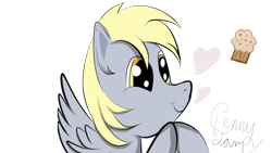 Size: 1920x1080 | Tagged: safe, artist:pennyjam, derpy hooves, pegasus, pony, blonde, blonde mane, blonde tail, female, food, golden eyes, gray coat, mare, muffin, wings