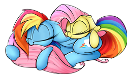 Size: 1280x759 | Tagged: safe, artist:madacon, derpibooru import, fluttershy, rainbow dash, pegasus, pony, butt pillow, cute, duo, eyes closed, madacon is trying to murder us, prone, sleeping, smiling, tail pillow