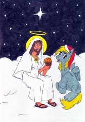 Size: 701x1000 | Tagged: safe, artist:pandaren-chaplain, derpy hooves, human, christmas, cloud, food, hat, holiday, jesus christ, muffin, present, santa hat, traditional art