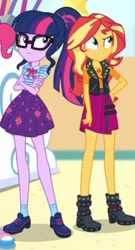 Size: 268x495 | Tagged: safe, screencap, sci-twi, sunset shimmer, twilight sparkle, better together, equestria girls, rollercoaster of friendship, boots, clothes, cropped, crossed arms, female, geode of empathy, geode of telekinesis, hand on hip, jacket, ponytail, shoes, skirt