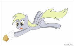 Size: 1280x800 | Tagged: safe, artist:kostarmax, derpy hooves, pegasus, pony, blonde, blonde mane, blonde tail, female, food, golden eyes, gray coat, mare, muffin, wings
