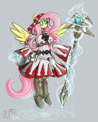 Size: 1200x1500 | Tagged: safe, artist:melancholy, fluttershy, anthro, crossover, final fantasy, final fantasy xiv, magic, solo, staff, white mage