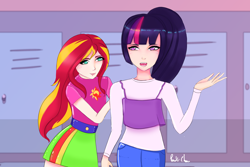 Size: 3000x2000 | Tagged: safe, artist:ponoki-chan, sunset shimmer, twilight sparkle, human, equestria girls, alternate costumes, alternate hairstyle, female, human coloration, humanized, lesbian, request, requested art, shipping, sunsetsparkle