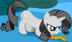 Size: 1062x624 | Tagged: safe, screencap, rarity, pony, unicorn, the return of harmony, discorded, discorded landscape, element of kindness, female, greedity, mare, outfit catalog, solo