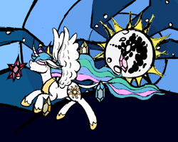 Size: 1800x1440 | Tagged: safe, artist:ahaintthatbad, princess celestia, alicorn, pony, crying, elements of harmony, mare in the moon, moon, solo, spread wings