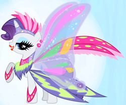 Size: 738x613 | Tagged: safe, screencap, rarity, pony, unicorn, sonic rainboom (episode), and then there's rarity, artificial wings, augmented, clothes, dress, fashion disaster, glimmer wings, gossamer wings, irony, magic, magic wings, makeup, outfit catalog, raised hoof, rarara, solo, tacky, wings