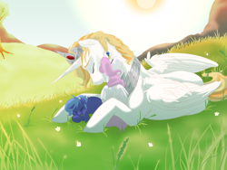 Size: 1024x768 | Tagged: safe, artist:bibmob, princess celestia, princess luna, oc, alicorn, pony, cewestia, crown, cuddling, cute, cutelestia, eyes closed, father and child, father and daughter, field, filly, floppy ears, flower, flower in hair, grass, hug, lunabetes, male, nuzzling, parent and child, pink-mane celestia, prone, sleeping, smiling, snuggling, sun, woona, younger
