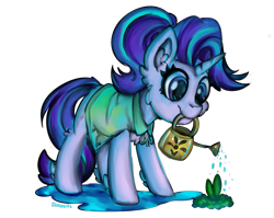 Size: 929x740 | Tagged: safe, artist:deraniel, starlight glimmer, pony, unicorn, cheek fluff, chest fluff, clothes, cute, ear fluff, female, gardening, glimmerbetes, leg fluff, mare, mouth hold, plant, simple background, solo, transparent background, watering can