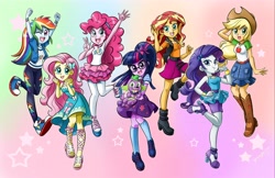 Size: 4404x2856 | Tagged: safe, artist:chibi-jen-hen, derpibooru import, applejack, fluttershy, pinkie pie, rainbow dash, rarity, sci-twi, spike, spike the regular dog, sunset shimmer, twilight sparkle, dog, better together, equestria girls, boots, converse, cowboy boots, cowboy hat, feet, female, geode of empathy, geode of fauna, geode of shielding, geode of sugar bombs, geode of super speed, geode of super strength, geode of telekinesis, hat, humane five, humane seven, humane six, looking at you, magical geodes, open mouth, sandals, shoes, sneakers