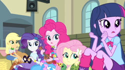 Size: 1440x810 | Tagged: safe, screencap, applejack, fluttershy, pinkie pie, rarity, twilight sparkle, turtle, equestria girls, rainbow rocks, balloon, boots, bracelet, flower, hat, hay, high heel boots, jewelry, mask, party hat, ukulele