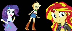 Size: 918x401 | Tagged: safe, applejack, rarity, sunset shimmer, equestria girls, black background, simple background, smiling